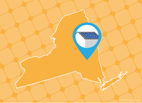Simple map of New York with a map pin showing a roof with installed solar panels